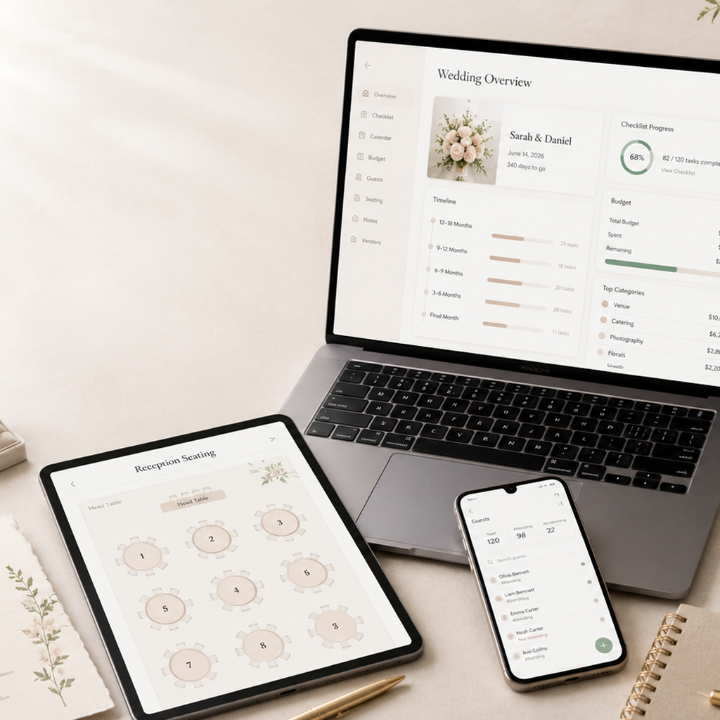 Wedding planning tools pictured such as seating chars, RSVP list, and wedding itinerary.